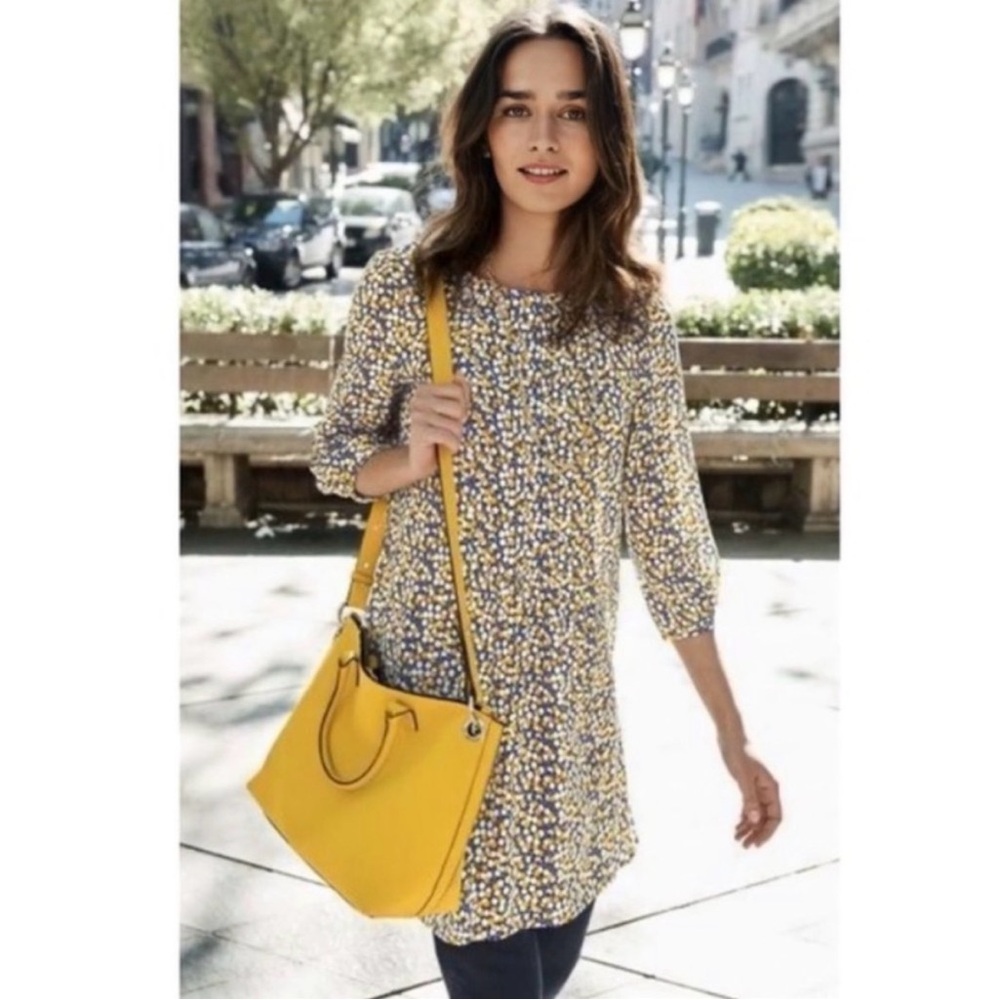 Boden Aurelia Circles Tunic Dress Size 10 EUC Blue Gold White 3/4 Sleeve